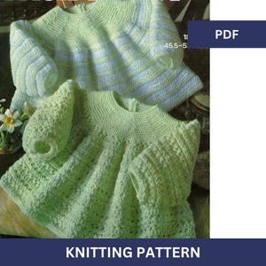May include: Knitting pattern for a green baby dress and matching cardigan with white stripes. The pattern is for sizes 1 (4.5-5 inches). PDF.