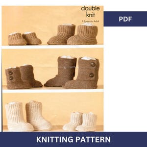 May include: Knitting pattern for double knit booties in brown and beige. The pattern includes instructions for sizes 1-2 years to adult. PDF download.