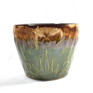 Vintage Studio Pottery Planter – Brown Drip Glaze over Green with Embossed Leaves – 7" x 5.75"