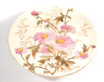 Vintage Footed Cake Plate - Pink Daisy Floral Pedestal Stand with Gold Trim - Japanese Porcelain LSI 2819 - Mid-Century Dessert Server 8"
