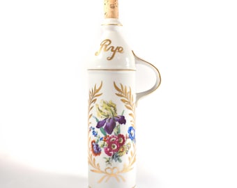 Vintage Ceramic Rye Whiskey Decanter - Floral Bouquet with Iris & Gold Trim - Japanese Mid-Century Barware with Cork Stopper