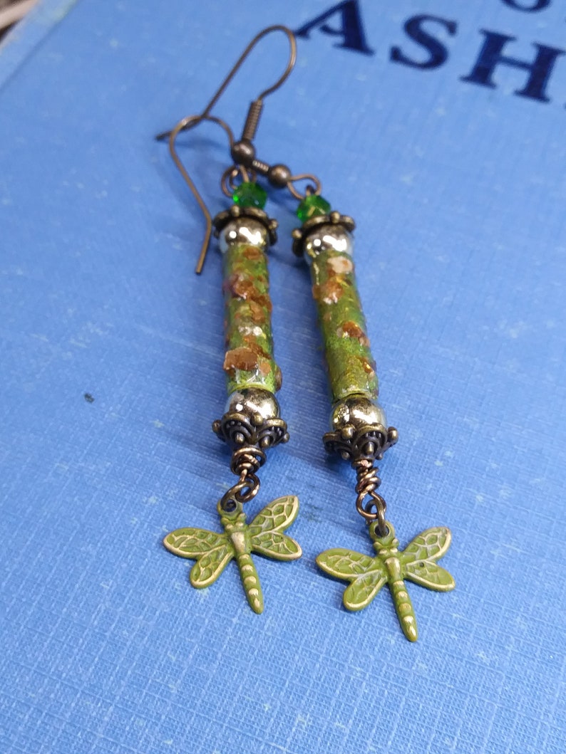 Green and Gold Dragonfly Earrings image 3