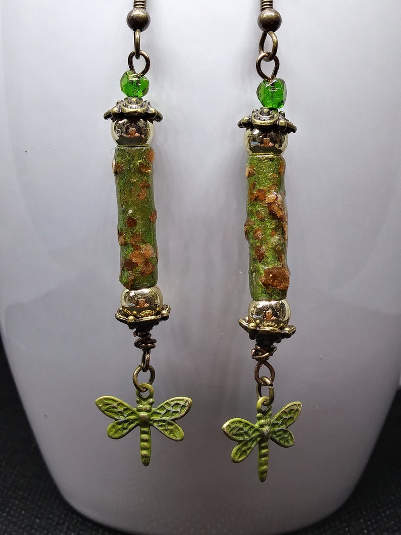 Green and Gold Dragonfly Earrings image 1