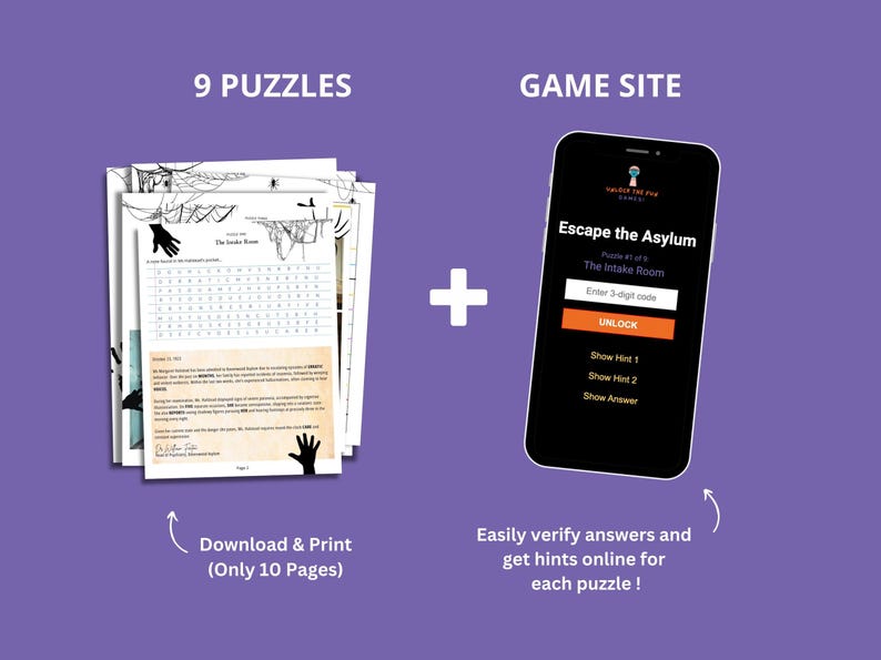 May include: Image of a puzzle game with the text "9 PUZZLES" and "GAME SITE". The game includes printable puzzles and a smartphone displaying "Escape the Asylum". The phone shows a puzzle interface with an "UNLOCK" button.