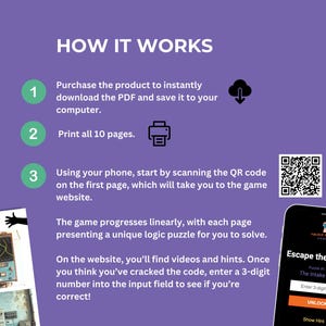 May include: Purple graphic with instructions for an escape room game. Steps include downloading a PDF, printing pages, and scanning a QR code. A smartphone displays the game interface.