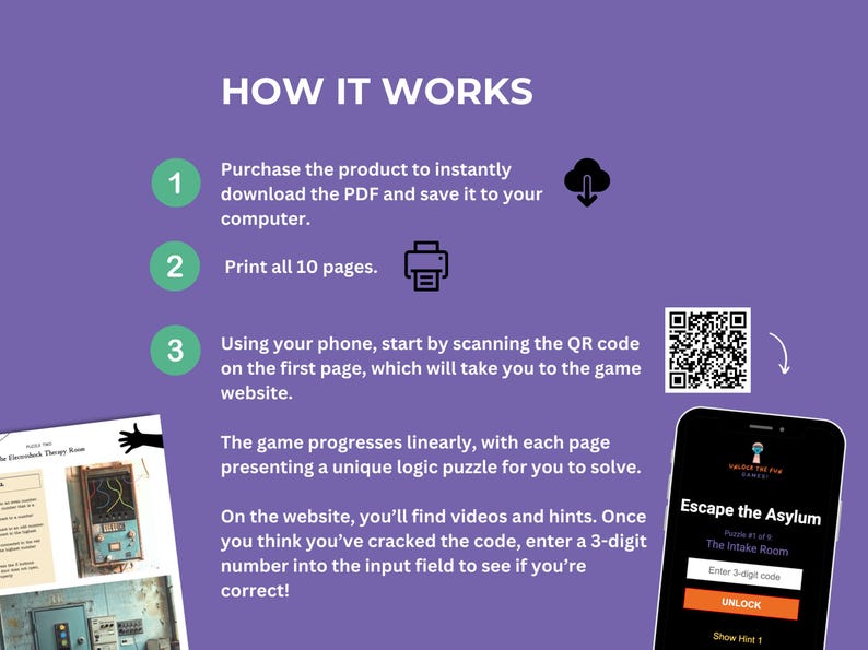 May include: Purple graphic with instructions for an escape room game. Steps include downloading a PDF, printing pages, and scanning a QR code. A smartphone displays the game interface.