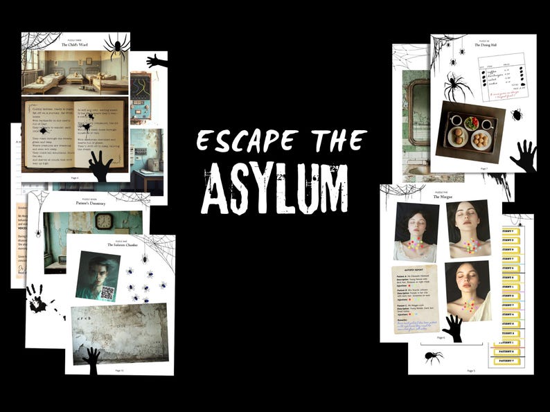 May include: Black background with the words "ESCAPE THE ASYLUM" in white. The image features several pages with illustrations, text, and spider web graphics. The pages depict scenes from an asylum, including rooms, people, and objects.