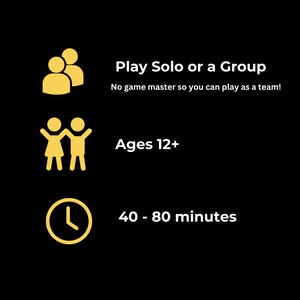 May include: Black graphic with yellow icons and text. The text reads "Play Solo or a Group", "Ages 12+", and "40-80 minutes". The image suggests a game that can be played solo or in a group.