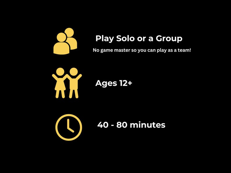May include: Black graphic with yellow icons and text. The text reads "Play Solo or a Group", "Ages 12+", and "40-80 minutes". The image suggests a game that can be played solo or in a group.