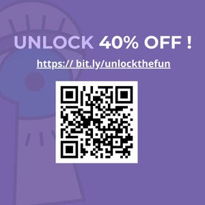 May include: A purple graphic with the text "UNLOCK 40% OFF!" and a QR code. The URL https://bit.ly/unlockthefun is also displayed. The background features a stylized keyhole design.