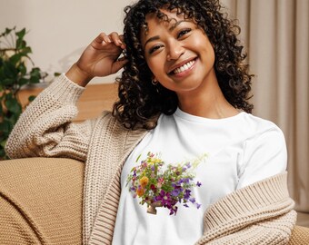 Camiseta holgada con estampado floral frontal para mujer