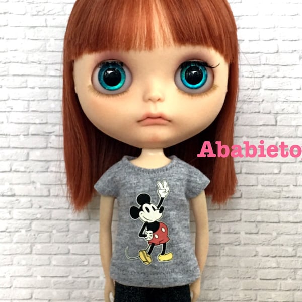 Heather grey Cotton Jersey T-Shirt for Blythe Doll - Mickey