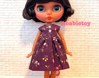 Dark Plum corduroy Floral print dress for Blythe Doll