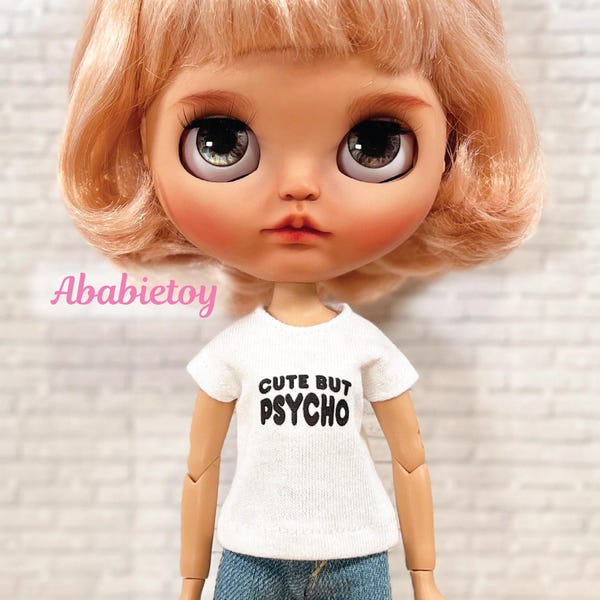White Cotton Jersey Graphic T-Shirt Tee for Blythe Doll - Cute But Psycho