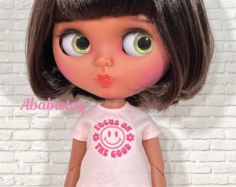 Light Pink Groovy Good Vibes Smiley Jersey T-Shirt Tee for Blythe Doll 12" Doll - Focus On The Good