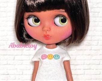 White Groovy Good Vibes 3 Colorful Smiley Jersey T-Shirt Tee for Blythe Doll 12" Doll