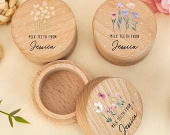 Custom Kids Milk Tooth Coin Box Personalised Floral Tooth Fairy Box,Wooden Tooth Fairy Holder,Baby Shower Gifts,Birthday Gift for Child