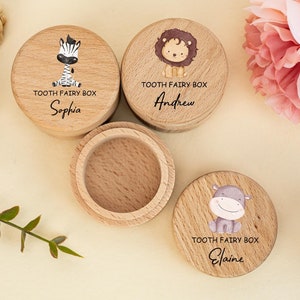 Caja para dientes con forma de animales, caja para dientes de leche, caja de madera personalizada para el hada de los dientes, almacenamiento de dientes de leche, regalo de bautizo, regalo para baby shower