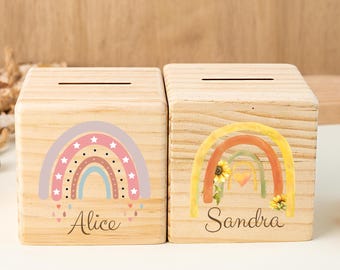 ベビー用貯金箱、名前入り、レインボー付き、木製貯金箱、子供への洗礼祝い、誕生日、クリスマスプレゼント