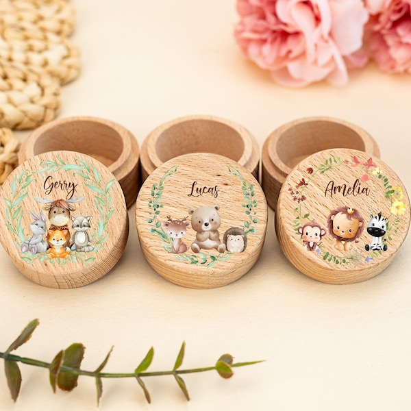 Gepersonaliseerde tandenfee-doos met dierenmotief, houten tandenfee-houder, kraamcadeau, verjaardagscadeau voor een kind