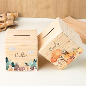 Hucha con nombre personalizado para niños pequeños, hucha de madera con animal, hucha con nombre personalizado, regalo de cumpleaños, regalo de bautismo, regalo de Pascua para niños