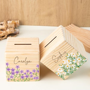 Alcancía personalizada con flor de nacimiento, hucha de madera para bebé, regalo de baby shower, bautizo, Pascua, cumpleaños, regalo de Navidad, hucha para niños