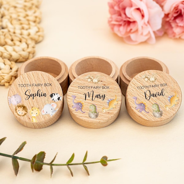 Aangepaste tandenfeedoos met dieren, houten tandenfee-doos dinosaurus, gepersonaliseerde baby aandenkendoos, verjaardagscadeaus voor kinderen, kraamcadeau