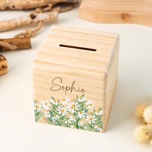 Hucha con nombre personalizado, hucha de madera para bebé, hucha con forma de flor de nacimiento, regalo de baby shower, bautizo, regalo de Pascua, regalo de cumpleaños para niños