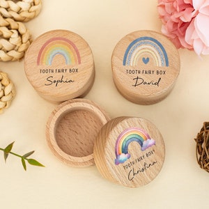 Caja de madera para dientes de leche, caja personalizada de hada de los dientes arcoíris, caja para monedas con nombre personalizado, regalo para bautizo, baby shower, cumpleaños infantil.
