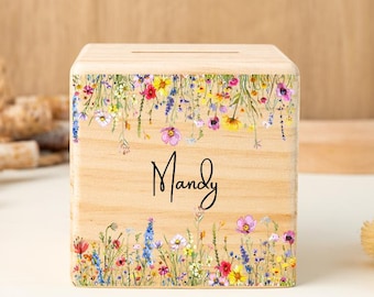 Personalized Flower Piggy Bank for Baby Girl, Christening Gifts for Kid, Wildflower Coin Bank, Wooden Money Box with Name, Birthday Gift