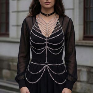 Silver body chain for adult Halloween costume, Chain harness Perfect Halloween jewelry for Witch costume, Whimsigoth jewelry