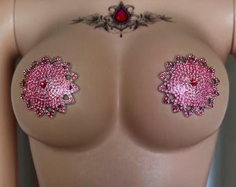 Pink Nipple Pasties for Burlesque outfit or Exotic Dancewear, Rhinestone Pasties Entertainer Outfits, Reusable Pink Crystal Pasties