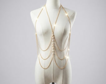 Pearl Body Chain for Layered Festival Rave Outfit, Body Chain Pearl Jewelry, Beaded Body Jewelry