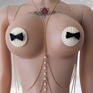 Pearl Nipple Pasties with Bows, Elegant Exotic Dancewear, Pair of Reusable Nipple Stickers for Burlesque Costume or Stripper Outfits