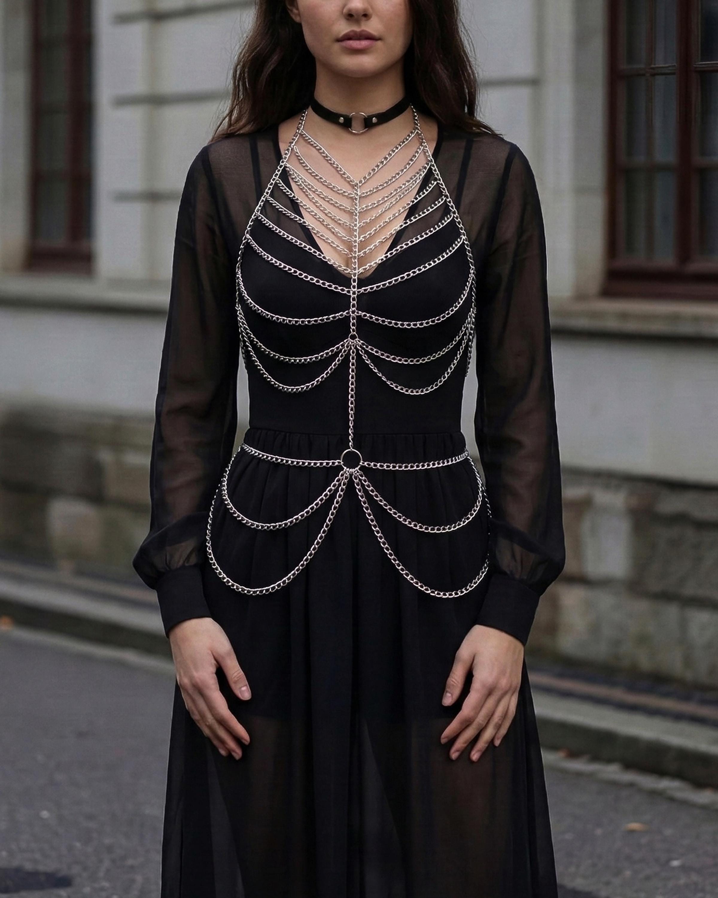 slim fit dress slacks Black Gold Chain Straps Drawstring Cut Out Mini Dress