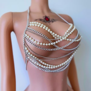 Pearl body chain bra, Festival body jewelry for Exotic Dancewear and Club Festival outfit, Pearl jewelry bra harness Gift for Her