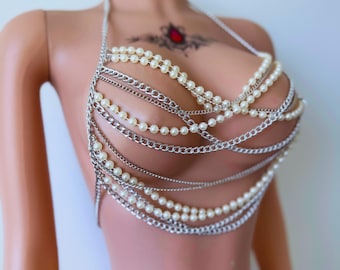 Perlen Körperkette BH, Festival Körperschmuck für Exotic Dancewear und Club Festival Outfit, Perlenschmuck BH Harness Größe XS-L