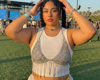 Chainmail Bra for Festival Coachella 2026 Outfit, Silver Body Chain Jewelry, Silver Chainmail Top for Rave or Party Outfit