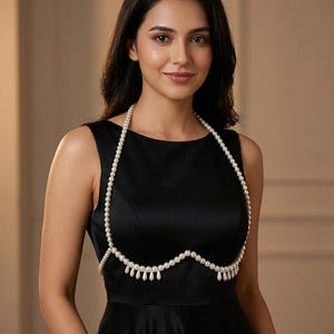 May include: A woman wearing a black sleeveless dress and a pearl body chain. The body chain is made of white pearls and drapes across the chest and shoulders, with dangling pearl accents.