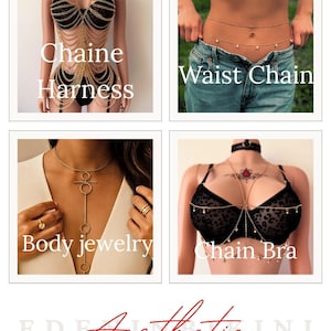 May include: Aesthetic body jewelry collection featuring a chain harness, waist chain with pearls, body jewelry necklace, and a chain bra. The text "Chaine Harness", "Waist Chain", "Body jewelry", and "Chain Bra" are displayed.