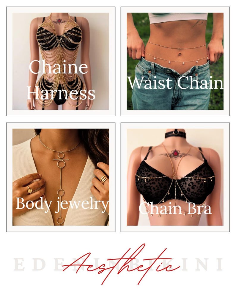 May include: Aesthetic body jewelry collection featuring a chain harness, waist chain with pearls, body jewelry necklace, and a chain bra. The text "Chaine Harness", "Waist Chain", "Body jewelry", and "Chain Bra" are displayed.