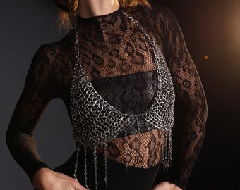 Top de malla metálica para mujer, conjunto de festival con cadena corporal plateada, top de bikini de malla metálica, disfraz de bruja de Halloween, top de sujetador de malla metálica, ropa de baile exótica gótica