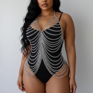 Body chain outfit chainmail necklace for festival outfit, silver body jewelry chain harness perfect for cosplay armor or rave outfit