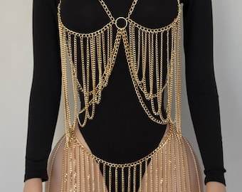 Vestido de cadena corporal perfecto para fiestas rave o festivales, disfraz de diosa dorada con cadena corporal, arnés de cadena corporal para rave.