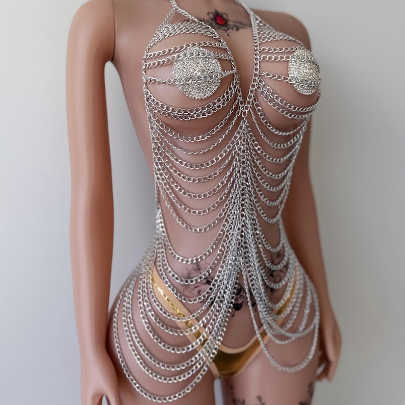 Body Chain Outfit Chainmail Necklace for Festival Outfit, Silver Body ...