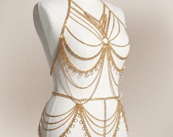 Body chain dress perfect rave wear or exotic dancewear, body chain gold goddess costume, body chain harness for rave festival outfit