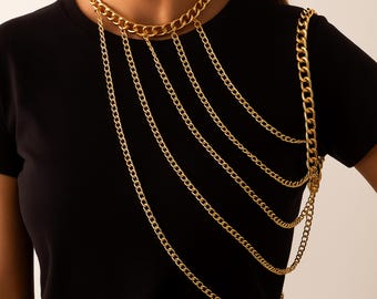 Shoulder Jewelry Gold Body Chain Perfect for Festival Outfit or Clubwear, Shoulder Chain Party Outfit, Trendy Chunky Necklace