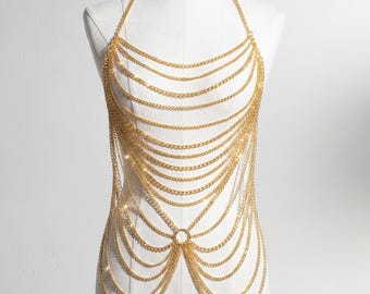 Gold Body Chain Harness for Festival Outfits, Body Jewelry for Ravewear, Exotic Dancewear or Clubwear, Coachella 2026 Outfit