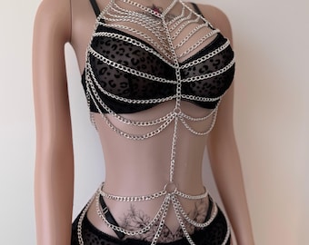 Silver body chain for rave outfit or Holiday parties outfit, Chain harness perfect festival accessories, Goth body chain
