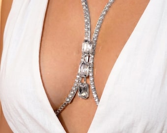 Kristallen bodyketting, zilveren glamour body-beha-sieraden, sprankelende strass lichaamssieraden borstbeugel
